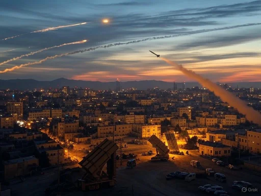 A missile is launched over a city skyline during sunset, with smoke trails visible in the sky.