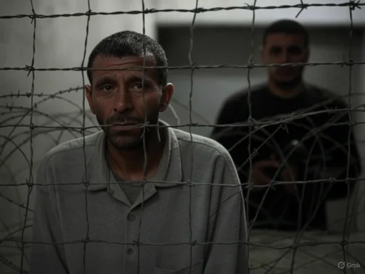 Two men behind a barbed wire fence, one in the foreground and one blurred in the background.