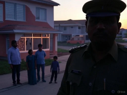 A police officer's silhouette is in focus in front of a family standing outside their house at sunset. A police officer's silhouette is in focus in front of a family standing outside their house at sunset.