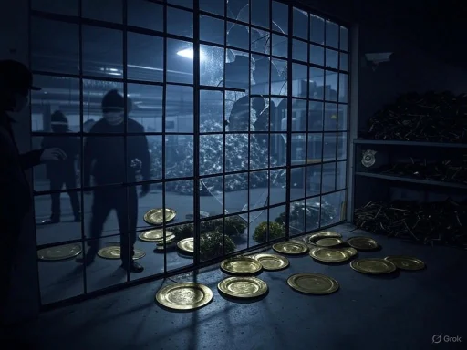 Broken glass door with gold plates scattered inside and outside, and two silhouetted figures observing it.
