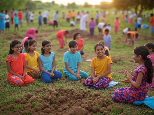 Children sitting on the grass, smiling and chatting, in a large outdoor community gathering or event during sunset.
