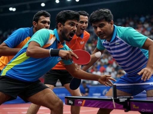 Men's doubles table tennis players fiercely compete and debate during a match in an indoor stadium.