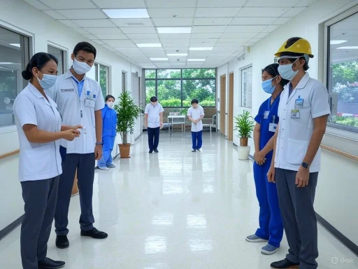 Healthcare staff maintain social distance in a bright hospital corridor while wearing masks and PPE.