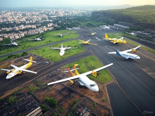 Multiple airplanes parked on an airfield near a cityscape, with greenery and hills in the background.
