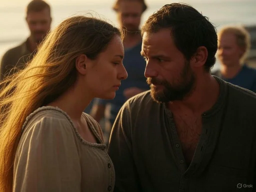 A man and woman face each other with intensity, while a group watches in the background during sunset.