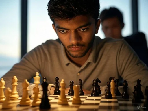 A young man intensely concentrates on a chess game, with a blurred opponent in the background.