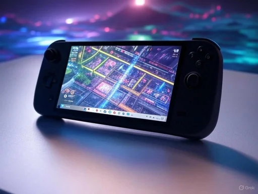 A handheld gaming console displaying a vibrant, futuristic cityscape with neon lights. A handheld gaming console displaying a vibrant, futuristic cityscape with neon lights.