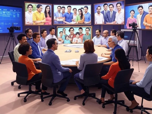 A diverse group of people in a meeting room with multiple screens displaying portraits of individuals.