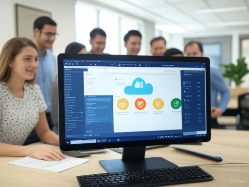 A group of professionals is gathered around a table, looking at a computer screen displaying cloud-based software or a dashboard. A group of professionals is gathered around a table, looking at a computer screen displaying cloud-based software or a dashboard.