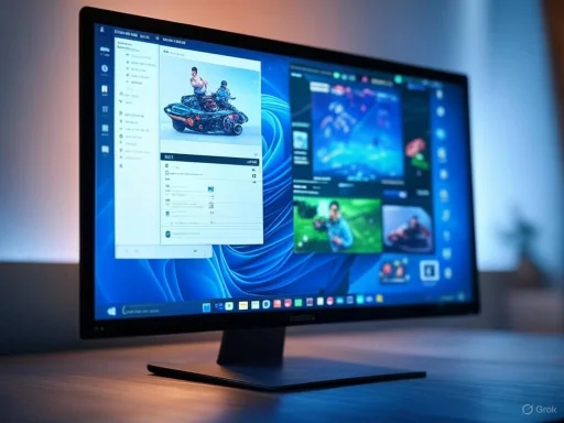 A computer monitor displays various social media and photo editing applications on a sleek desk. A computer monitor displays various social media and photo editing applications on a sleek desk.