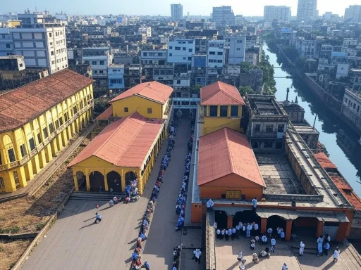 An aerial view of a yellow building with red roofs, lined with people, in an urban setting with a river.