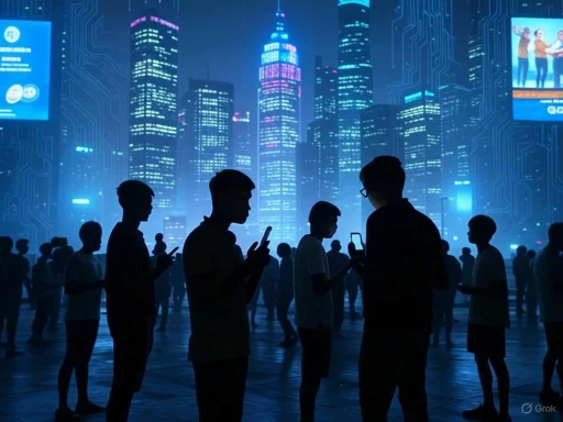 Silhouetted people using smartphones amid a futuristic cityscape with neon lights and towering skyscrapers.