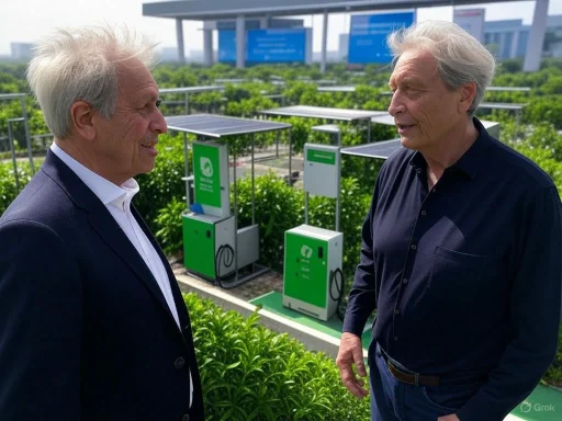 Two older men are having a conversation outdoors in front of a row of green electric vehicle charging stations, with a modern building in the background. Two older men are having a conversation outdoors in front of a row of green electric vehicle charging stations, with a modern building in the background.
