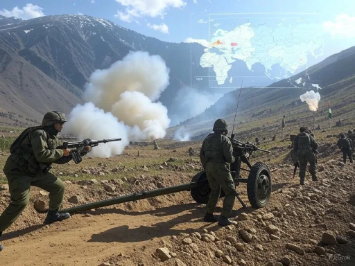 Soldiers operate artillery and weapons in a mountainous battlefield with smoke, digital overlays, and a world map.
