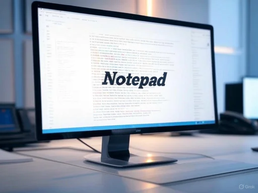 Computer monitor displaying the Notepad application with the word 'Notepad' prominently centered on the screen.