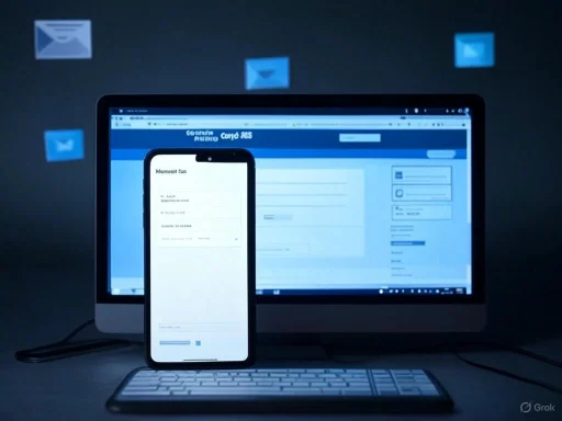 A computer and smartphone display forms, with social media icons floating in the background, indicating digital communication. A computer and smartphone display forms, with social media icons floating in the background, indicating digital communication.