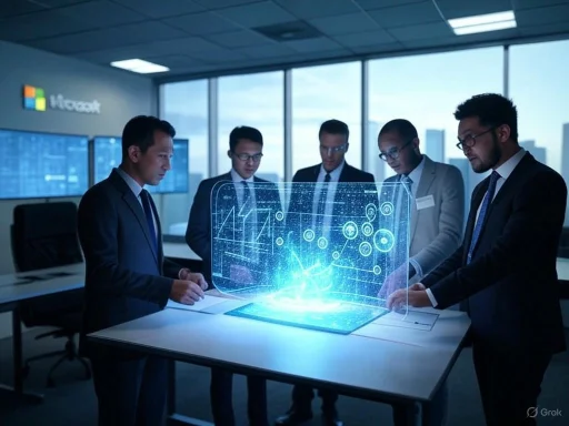 Business professionals analyze a holographic digital interface in a high-tech office setting. Business professionals analyze a holographic digital interface in a high-tech office setting.
