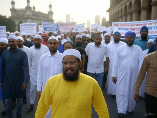 A large group of people, mostly men in traditional clothing, participating in a street protest or march.
