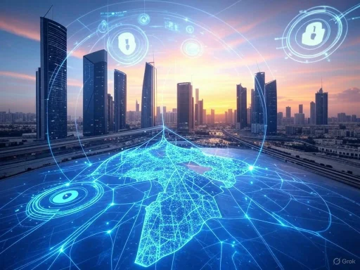 Futuristic digital map overlaying a city skyline at sunset, illustrating interconnected data networks and cybersecurity themes.