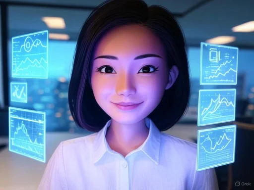 A woman with short black hair and a white shirt stands in an office with floating holographic data charts around her.