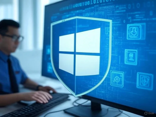A person works on a computer with a large screen displaying a digital Windows security shield icon and cybersecurity-related graphics.