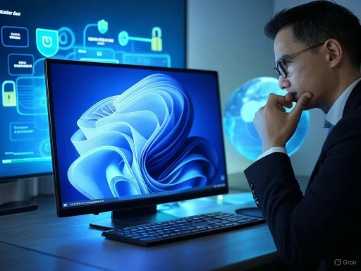 A man in a suit and glasses works on a computer in a high-tech cybersecurity environment.
