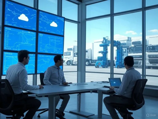 Team of professionals analyzing logistics and transportation data in a modern office with large windows showing trucks outside. Team of professionals analyzing logistics and transportation data in a modern office with large windows showing trucks outside.