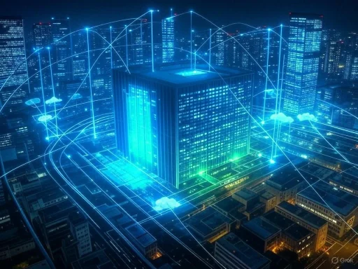 A digital representation of a smart city with interconnected buildings and infrastructure via glowing blue data lines at night.