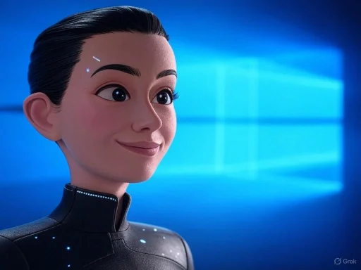 A smiling animated female character with short black hair, dressed in a futuristic black suit, against a blue digital background.