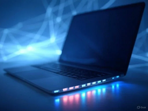 A dark laptop with colorful lights along the bottom edge, set against a background of interconnected blue lines.