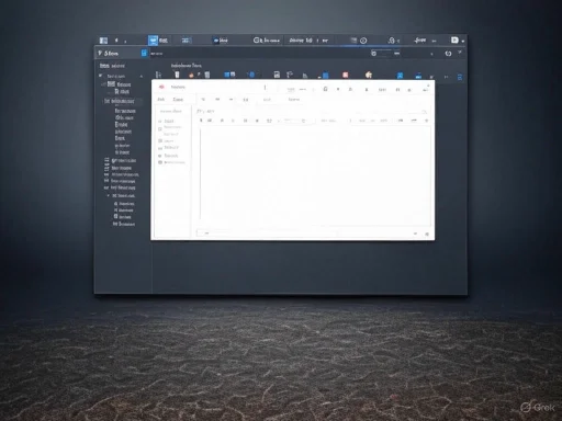 A large digital screen displays an email client interface on a dark wall, with a textured carpeted floor below.