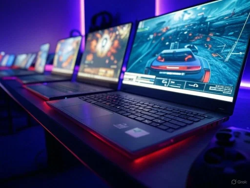 Gaming laptops lined up in a dimly lit room with vibrant purple and blue lighting.