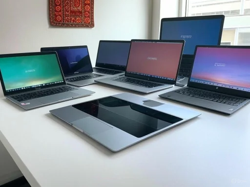 Six laptops and one tablet arranged on a white table in a bright room with a window.
