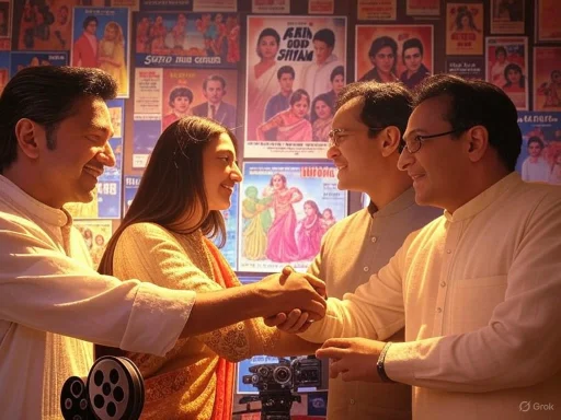 Four people shaking hands in front of a wall covered with colorful posters of Indian movies.