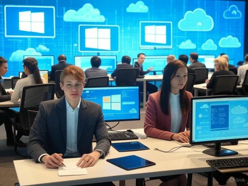 People working on computers in a high-tech office with large digital screens displaying cloud computing and Windows logos.