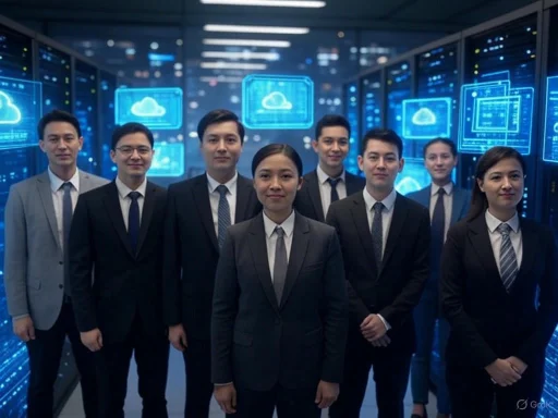 A team of professionals stands confidently in a high-tech data center with digital cloud graphics on screens behind them.
