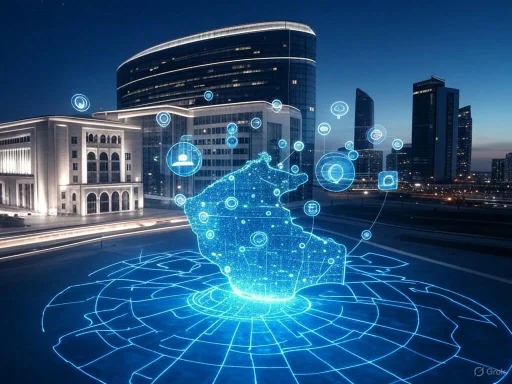 Futuristic digital holograph of Morocco with connected icons in an urban cityscape at dusk.