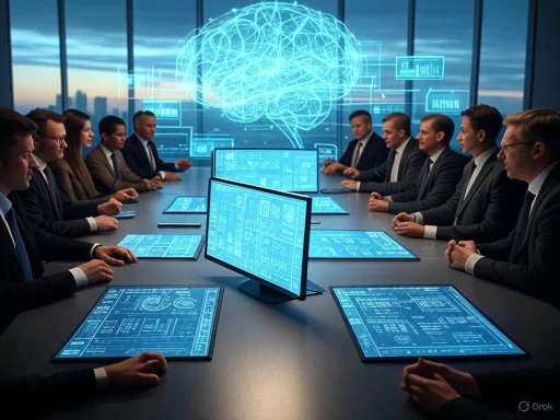 Businesspeople in a high-tech meeting room analyzing digital interfaces and a holographic brain display.