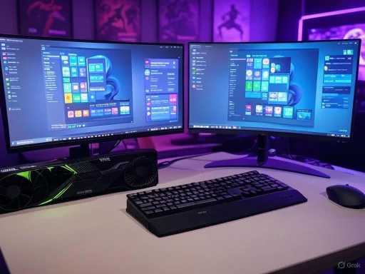 A dual-monitor computer setup with a graphics card, keyboard, and mouse, illuminated by purple and blue ambient lighting. A dual-monitor computer setup with a graphics card, keyboard, and mouse, illuminated by purple and blue ambient lighting.