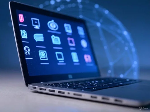 A modern laptop displaying a colorful digital interface with app icons, set against a dark, futuristic background.