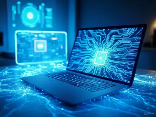A laptop and external monitor display digital circuitry and holographic circuit patterns, emphasizing technology and innovation.
