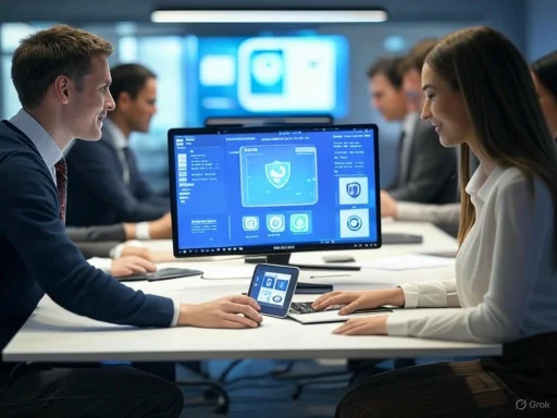 Two professionals sit at a desk exchanging a handshake in a high-tech, cybersecurity-themed meeting.
