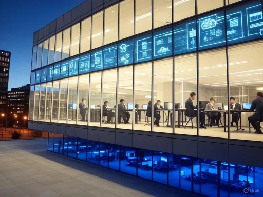A modern glass-walled office with professionals working at computers inside, illuminated by blue digital displays. A modern glass-walled office with professionals working at computers inside, illuminated by blue digital displays.