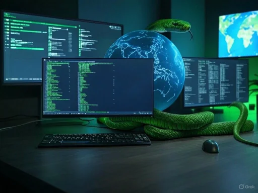 A digital workspace with multiple monitors, a glowing globe, and a snake, symbolizing cyber threats or hacking.