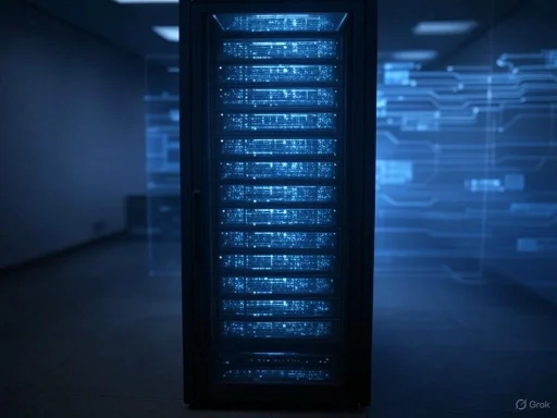A dark room with a tall server rack illuminated by blue lights, surrounded by digital data graphics. A dark room with a tall server rack illuminated by blue lights, surrounded by digital data graphics.