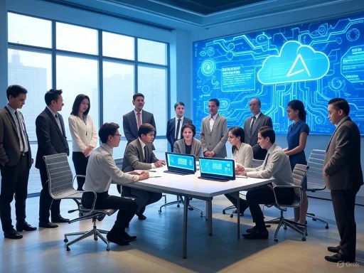 A diverse team of professionals collaborates around a conference table in a high-tech meeting room with a large digital cloud computing display.