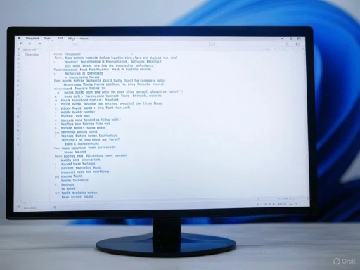 Computer monitor displaying a document with text, placed on a desk with a blue background.