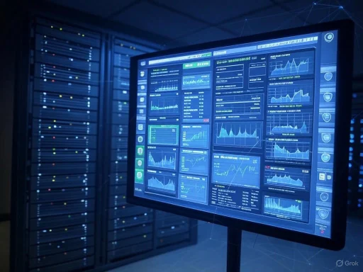 A digital dashboard displaying various data charts, graphs, and system status in a server room environment.