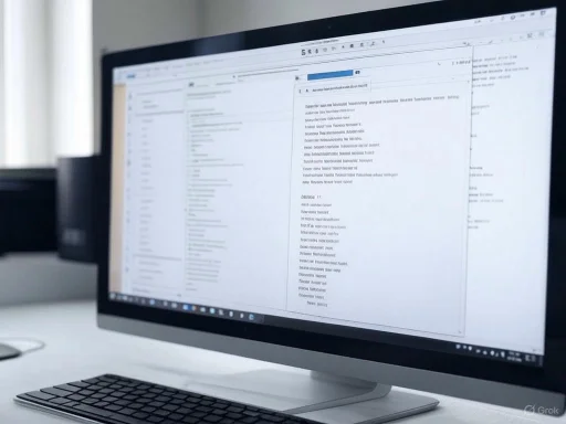 A computer monitor displays a document or text editor with a list of text entries on a clean desk setup.