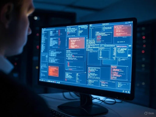 A person working at a computer with multiple screens displaying complex code and data, likely a cybersecurity or IT professional.